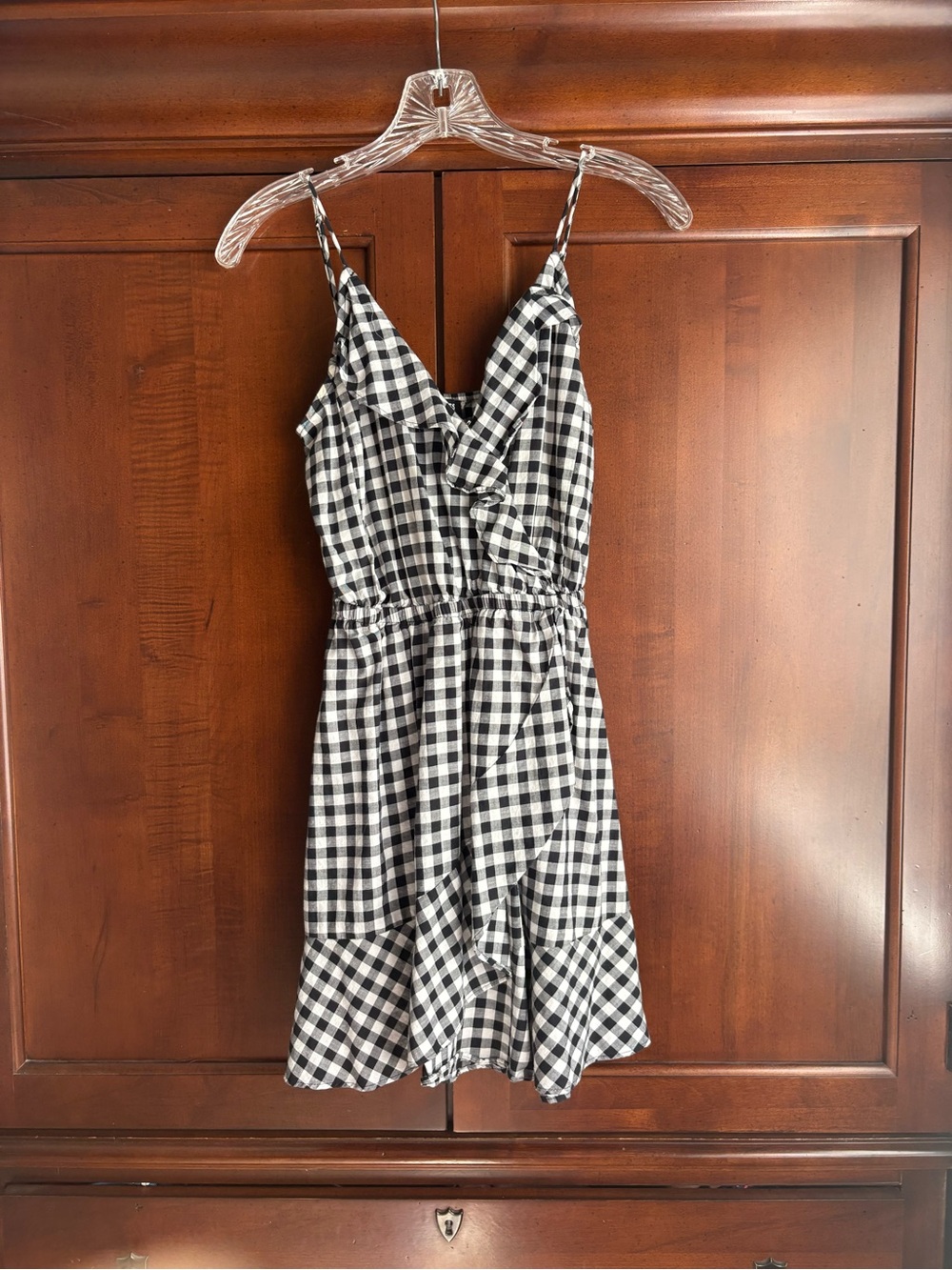 Express Black and White Gingham Ruffle Strap Dress - Picture 2 of 6